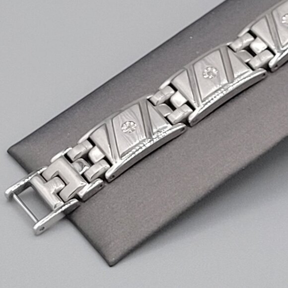 Mens Link Bracelet 10k HDS Diamond Accents Stainless Steel Fold Over Clasp - Picture 4 of 9